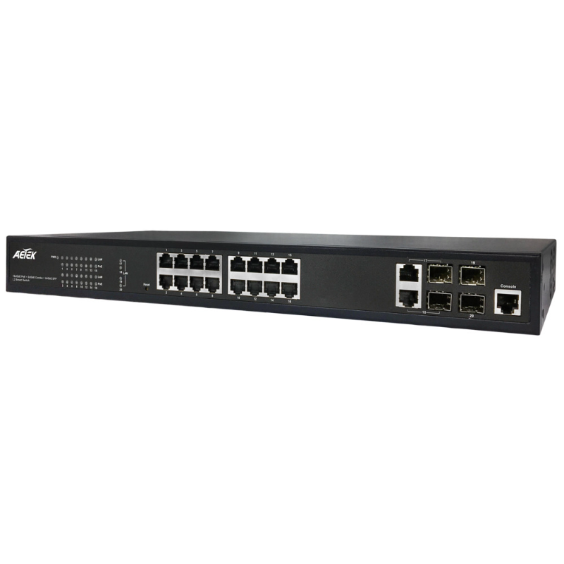 Aetek 16 Port Managed 1Gb PoE Switch, 2x SFP, 2x SFP/RJ45, NTS, 250W
