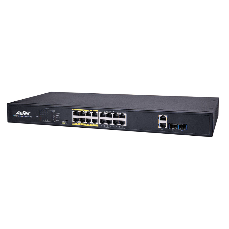 Aetek 16 Port Unmanaged PoE Switch, 2x 1Gb SFP/RJ45, EX Mode, 250W