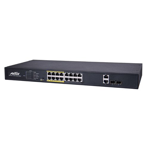 Aetek 16 Port Unmanaged PoE Switch, 2x 1Gb SFP/RJ45, EX Mode, 250W