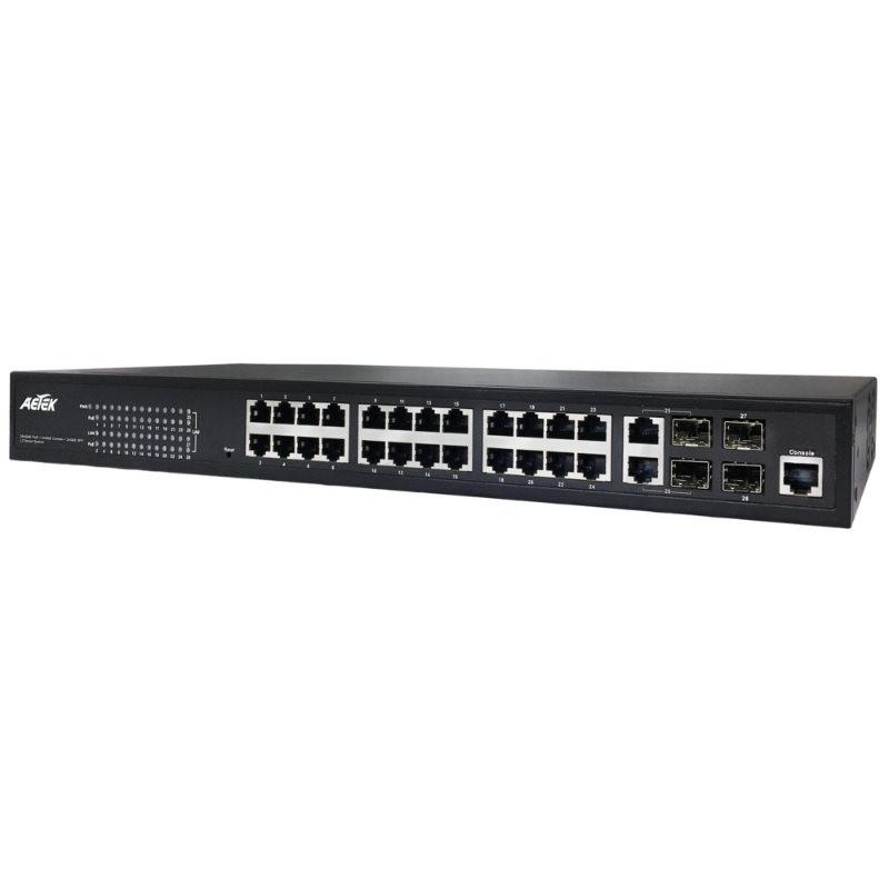 Aetek 24 Port Managed 1Gb PoE Switch, 2x SFP, 2x SFP/RJ45, NTS, 370W