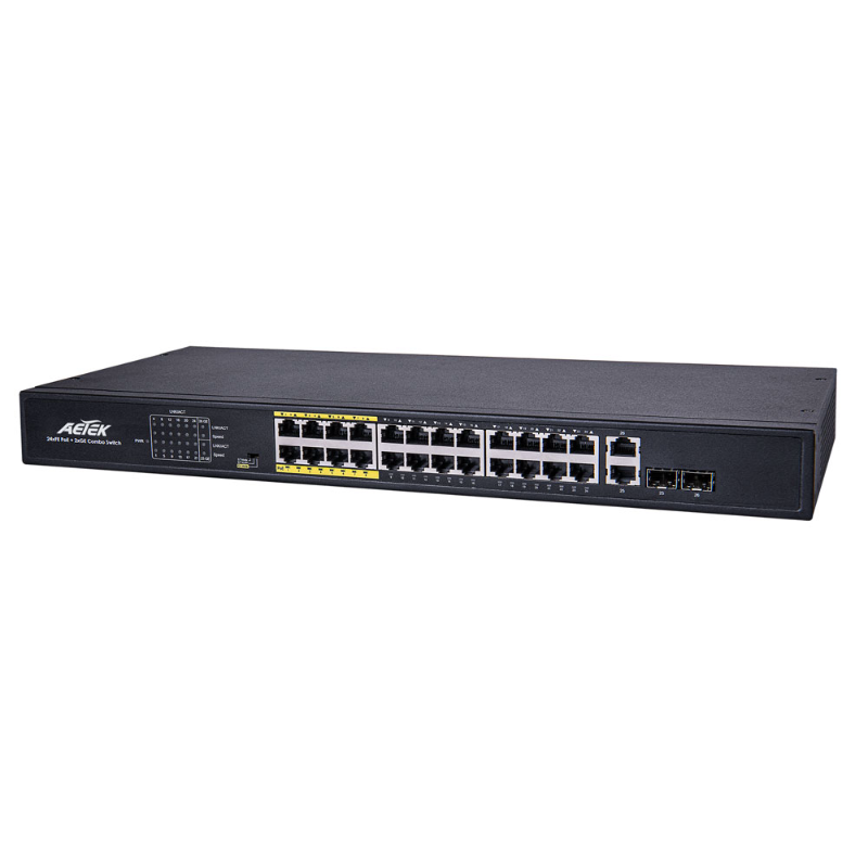 Aetek 24 Port Unmanaged PoE Switch, 2x 1Gb SFP/RJ45, EX Mode, 380W