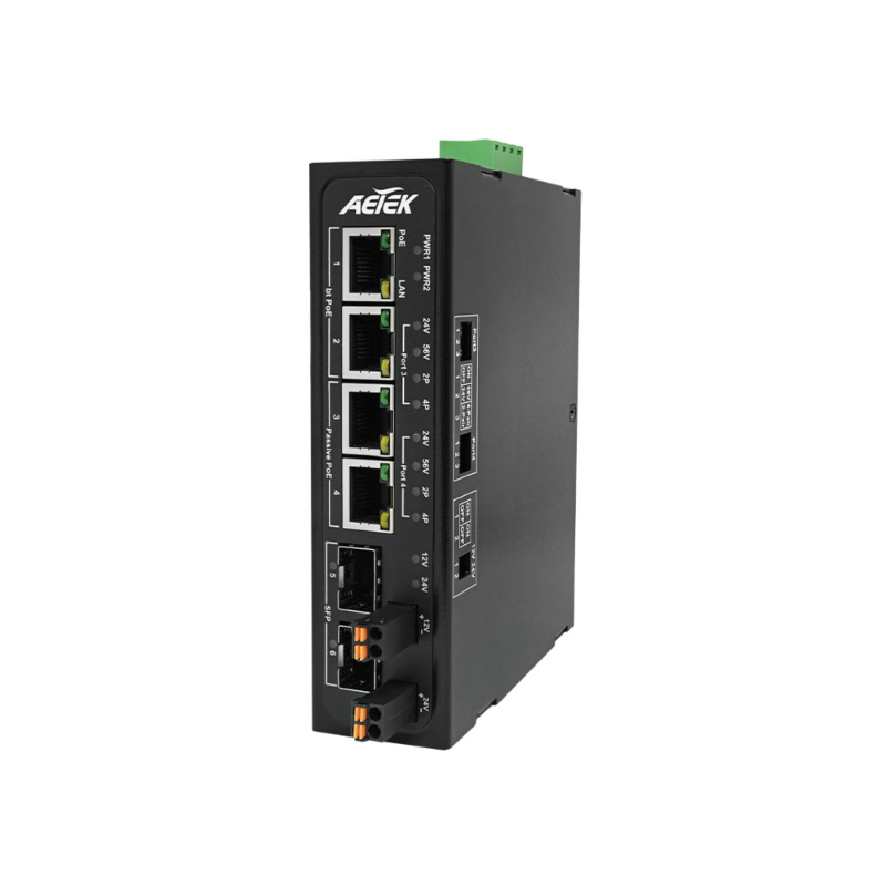 Aetek 4 Port Industrial 1Gb 90W bt PoE Switch, 2x 24/56V POE, 2x SFP, 180W