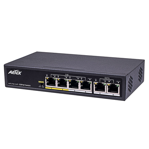 Aetek 4 Port Unmanaged PoE Switch, 2x 100Mb RJ45, EX Mode, 65W