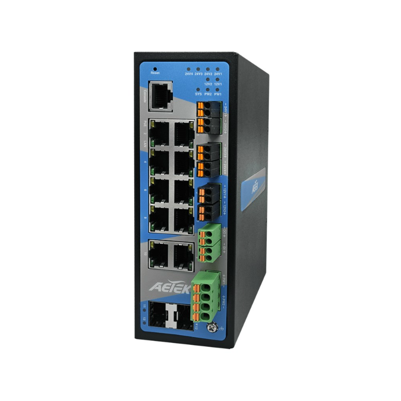 Aetek 8 Port Managed L2 PRO GbE PoE Switch, 2x SFP 2x RJ45, 240W, 12-48VDC