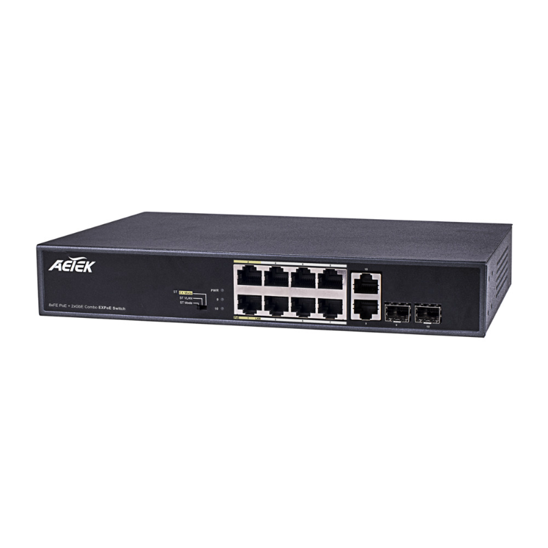 Aetek 8 Port Unmanaged PoE Switch, 2x 1Gb SFP/RJ45, EX Mode, 120W