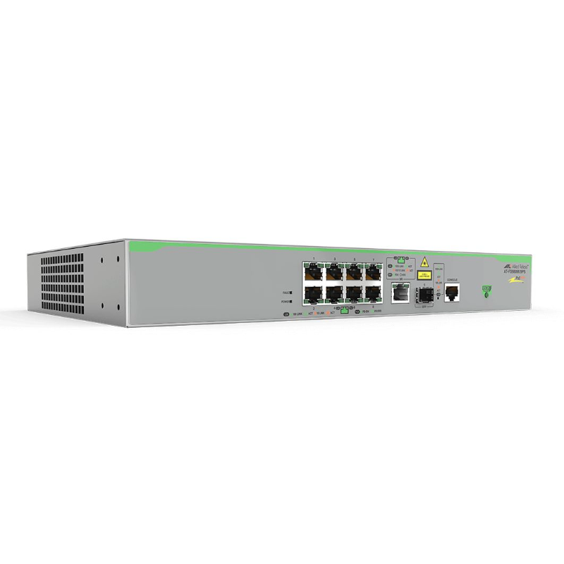Allied Telesis 8-port PoE Switch, 8x 10/100TX RJ-45+ 1x Gigabit Combo RJ-45/SFP Uplink