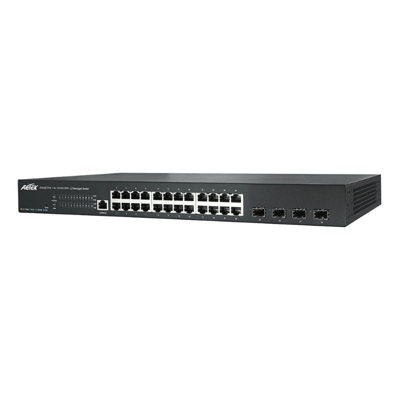 Aetek 24 Port Managed 1Gb PoE Switch, 4x 1G/10G SFP+, NTS, 370W