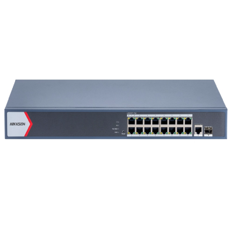 Hikvision 16 Port Managed 1Gb POE af/at Switch, L2, 1x1Gb RJ45, 1Gb SFP, 230W PoE Budget