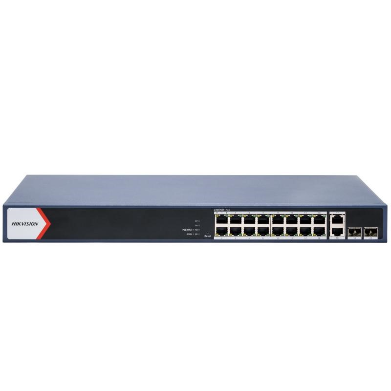 Hikvision 16 Port Managed 1Gb POE af/at Switch, L2, 2x1Gb RJ45, 2x SFP, 230W PoE Budget