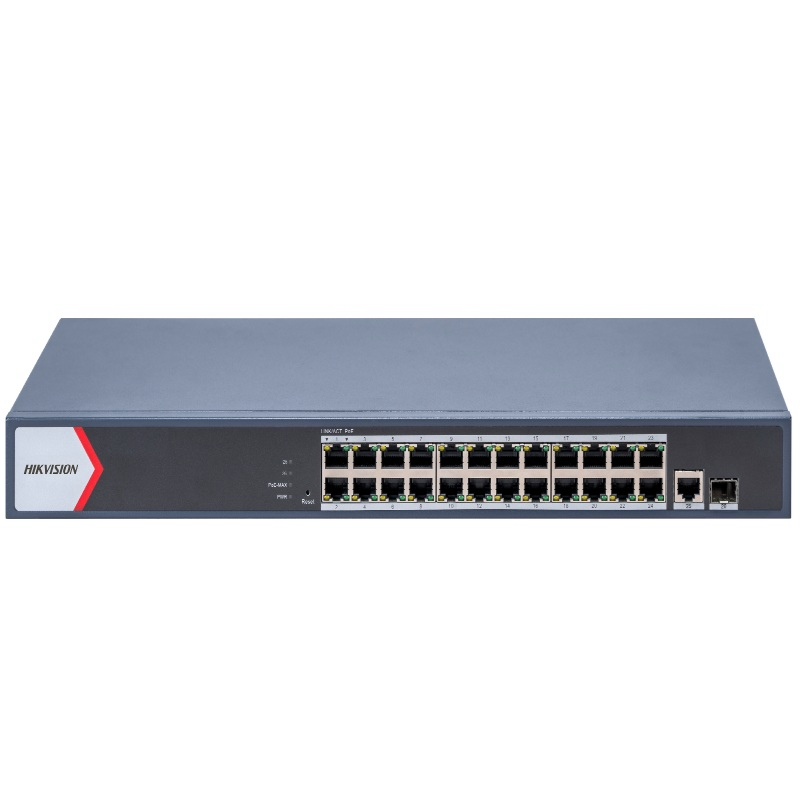 Hikvision 24 Port Managed 1Gb POE af/at Switch, L2, 1x1Gb RJ45, 1Gb SFP, 370W PoE Budget