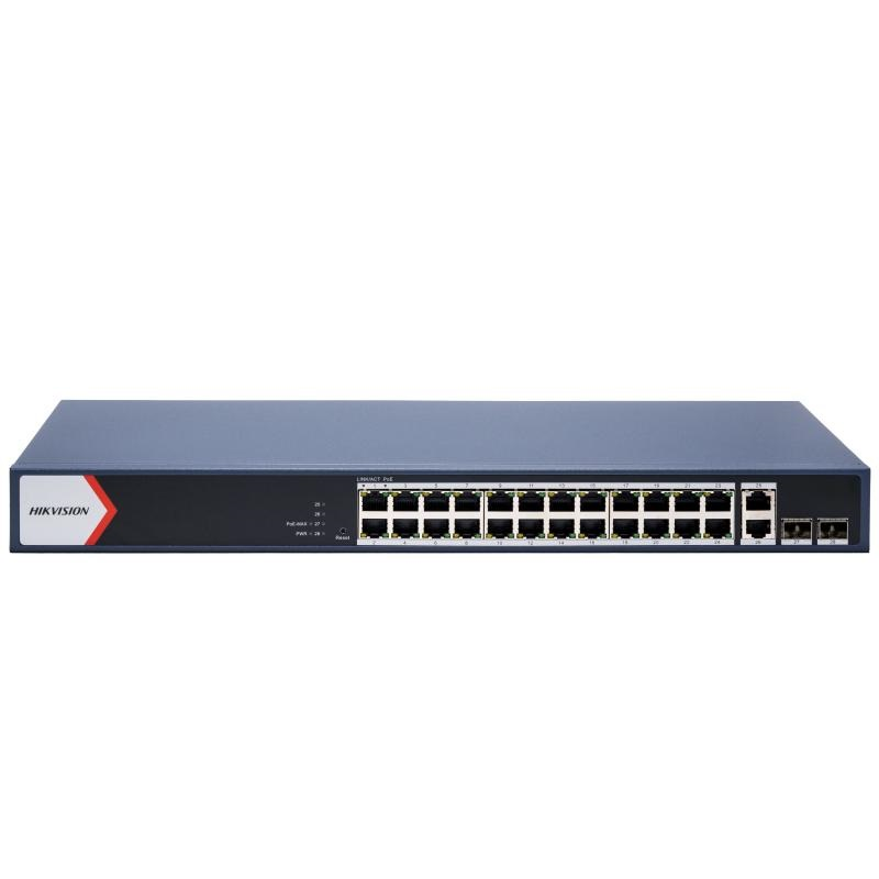 Hikvision 24 Port Managed 1Gb POE af/at Switch, L2, 2x1Gb RJ45, 2x SFP, 370W PoE Budget