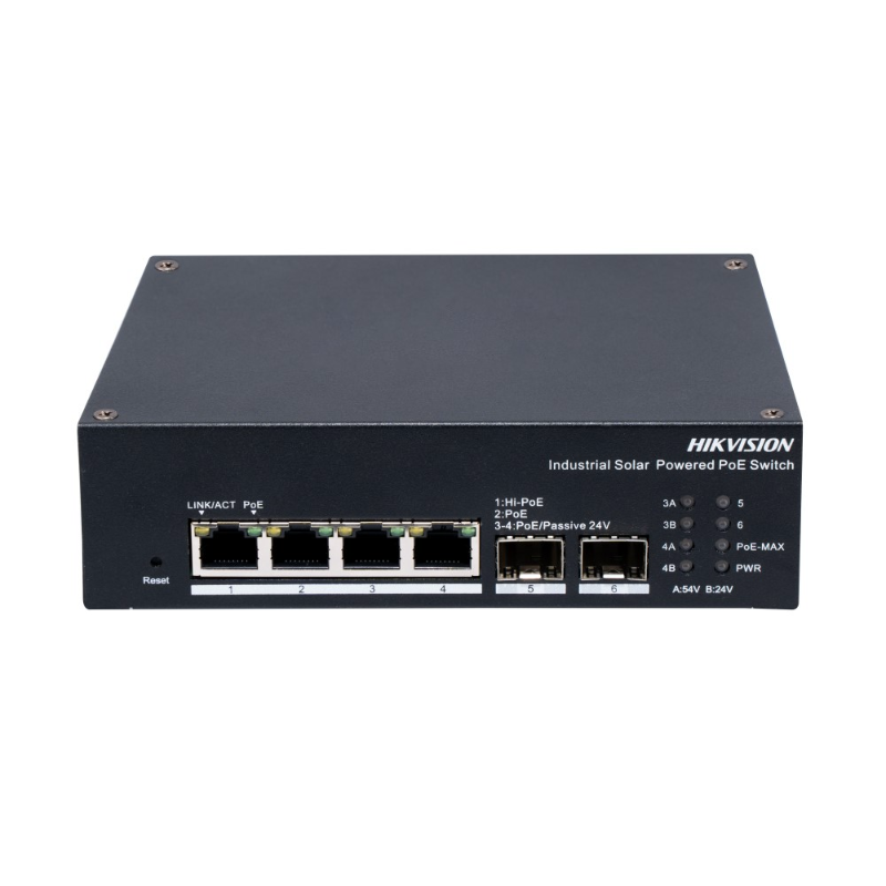 Hikvision 4 Port Gb Managed Industrial PoE BT Swtich, 12-24V Solar Input or 56V DC