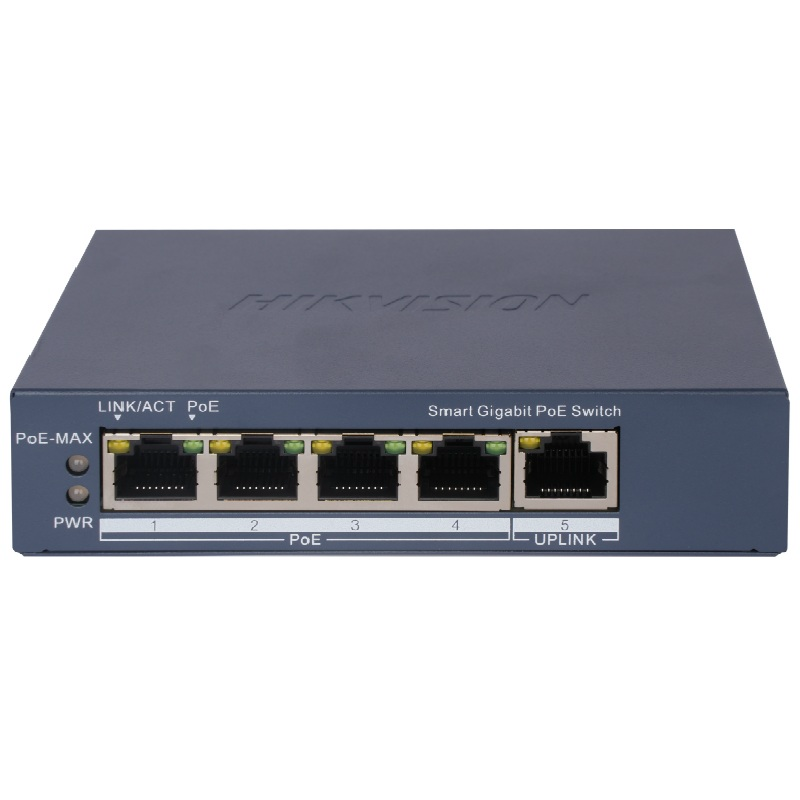 Hikvision 4 Port Managed 1Gb POE af/at Switch, L2, 1x1Gb RJ45, 60W PoE Budget
