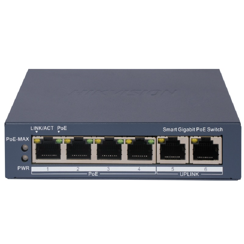 Hikvision 4 Port Managed 1Gb POE af/at Switch, L2, 2x1Gb RJ45, 60W PoE Budget