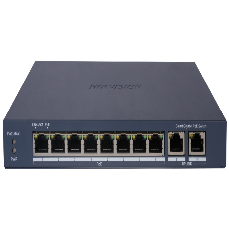 Hikvision 8 Port Managed 1Gb POE af/at Switch, L2, 2x1Gb RJ45, 110W PoE Budget
