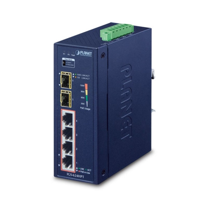 Planet 4 Port Industrial Gigabit Switch, 4 x 30W+ Ports + 2 SFP Ports (-40 to 75 C)