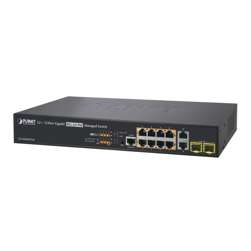 Planet 8 Port Managed Gigabit Switch, 2x 100/1000X SFP Ports, 802.3at, 240W
