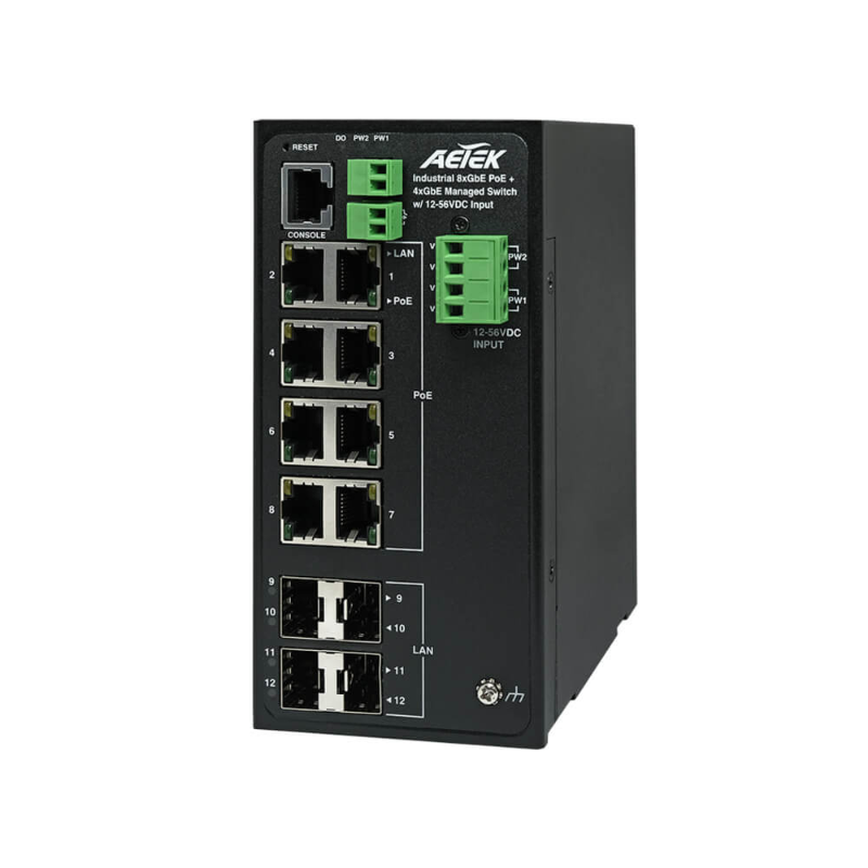 Aetek 8 Port Managed 1GB Industrial PoE Switch, 4x SFP, 120W, 12-56V Input