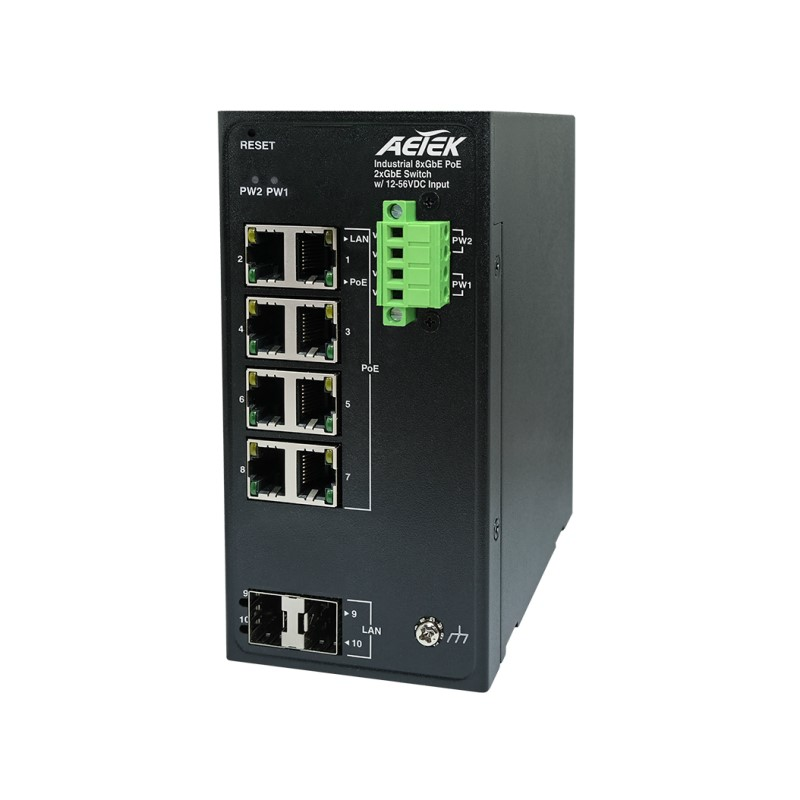 Aetek 8 Port Unmanaged 1Gb Industrial PoE Switch, 2x SFP, 160W, Dual 12-56VDC