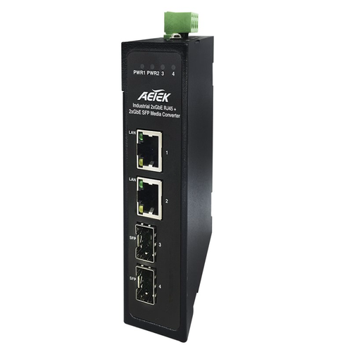 Aetek Industrial Gigabit Media Converter, 2x SFP, 12-56VDC, LFP -40 to 75C