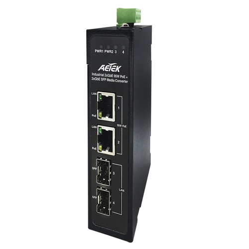 Aetek Industrial Gigabit Media Converter, 2x SFP, 24VAC, -40 to 75C